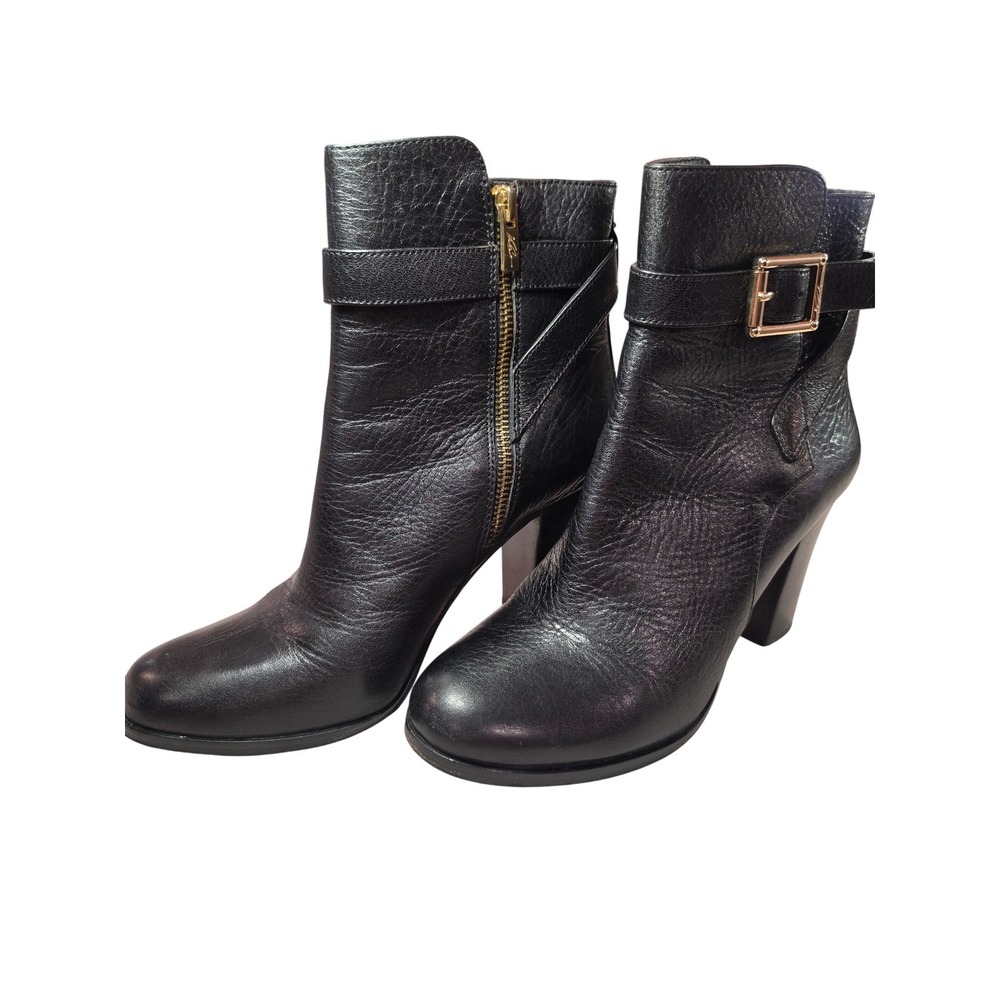 Vince Camuto Signature Black Leather Buckle Ankle Boots 8.5B VI-SUE Block Heel
